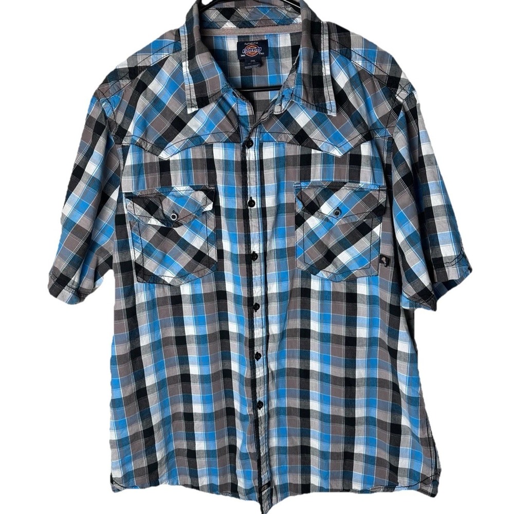 Dickies Mens 2XL Plaid Shirt Button Up Blue  Short Sleeve Workwear Cotton Casual